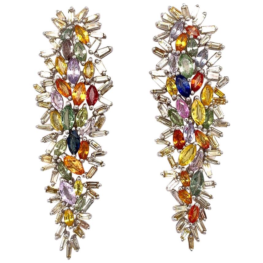 RUCHI, boucles d'oreilles chandelier en saphirs multicolores, diamants jaunes et blancs fantaisie