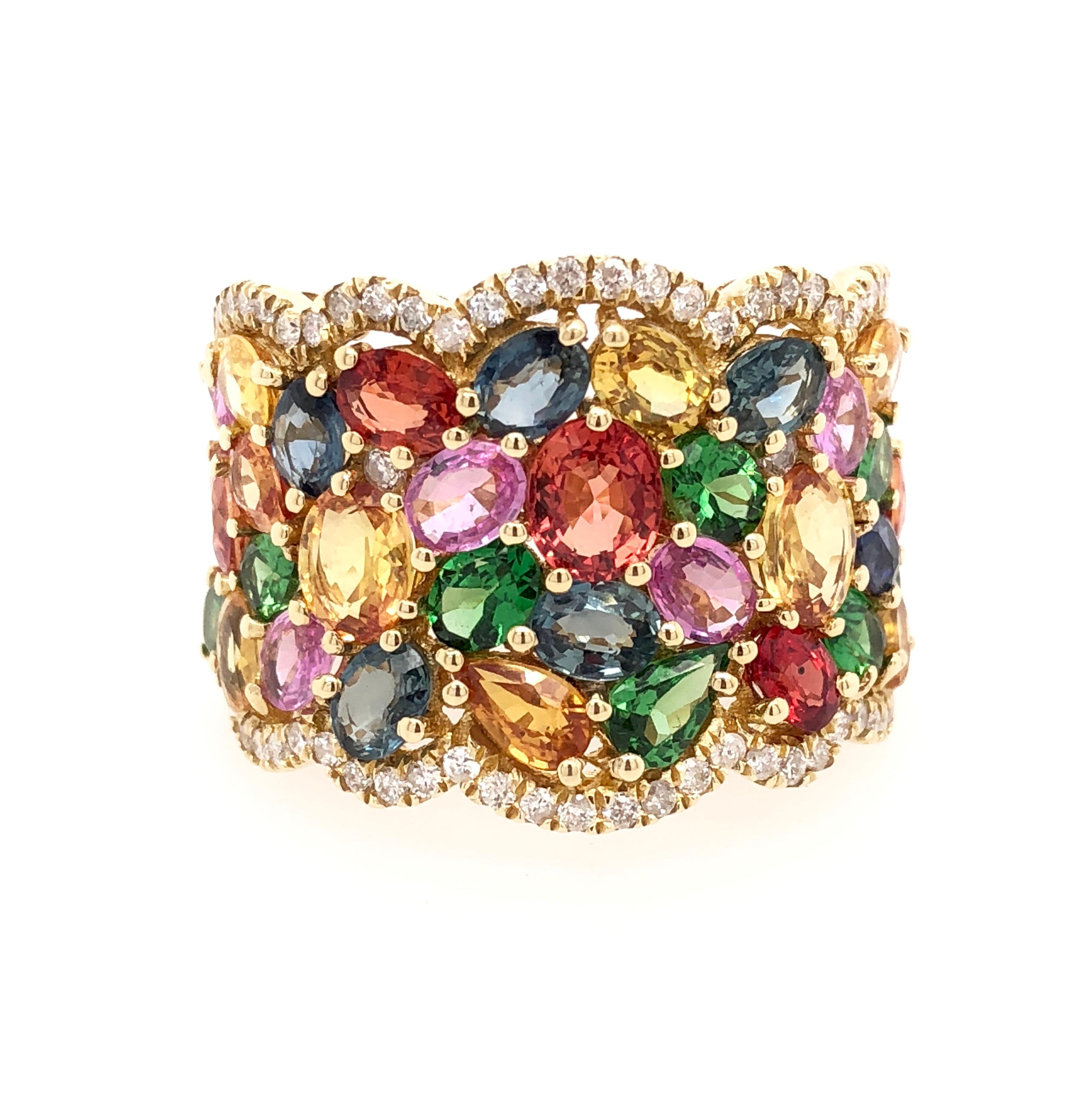 Play of Colors Collection

Multi color Sapphire and Diamond ring set in 18K yellow gold. 

Multi Sapphire: 7.57ct total weight.
All diamonds are G-H/SI stones.
