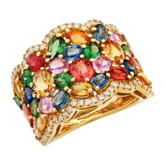 Rose Gold, Multi-Color Sapphire and Diamond Cocktail Flower Ring at ...
