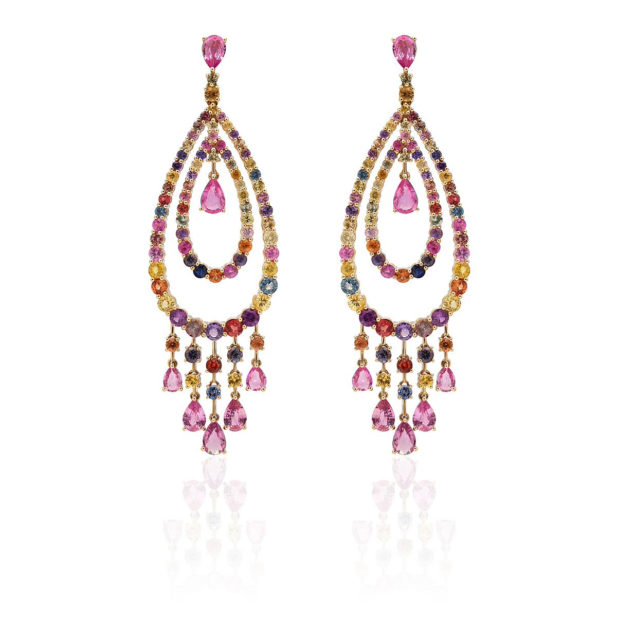 Play of Colors Collection

Multicolor Sapphire chandelier earrings set in 18K yellow gold.

Multicolor Sapphire: 14.798ct total weight.
