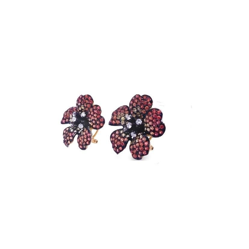 Contemporary RUCHI Multi-Colored Sapphire and Diamond Yellow Gold Flower Stud Earrings For Sale