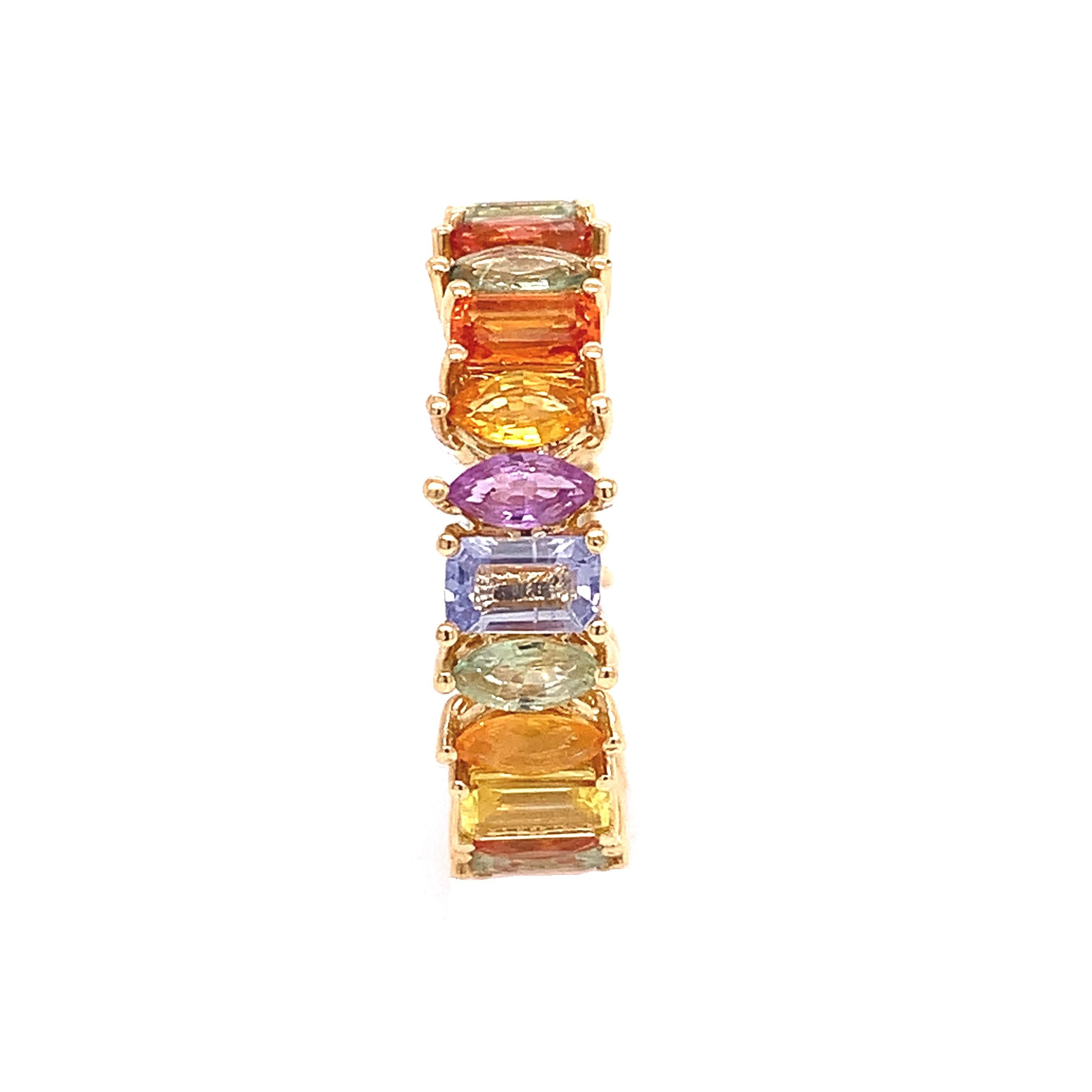 Mixed Cut RUCHI Multi-Colored Emerald & Marquise Cut Sapphire Yellow Gold Eternity Band For Sale
