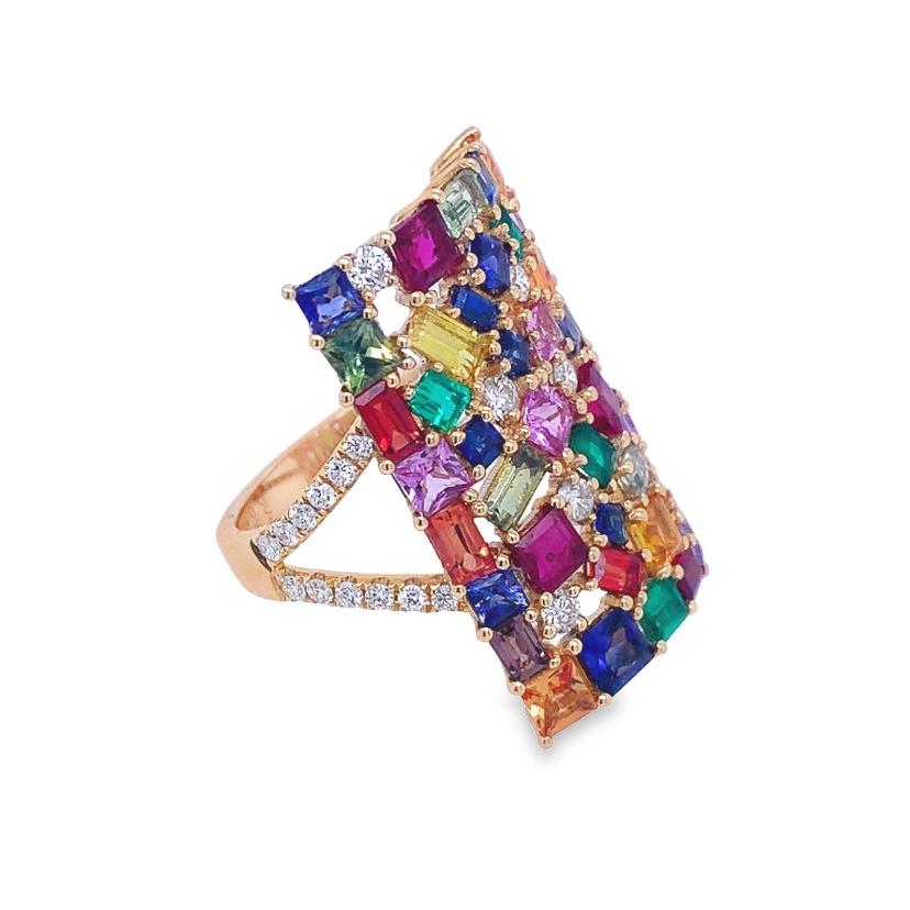 Contemporary RUCHI Multi-Colored Sapphire, Emerald and Diamond Yellow Gold Cocktail Ring For Sale