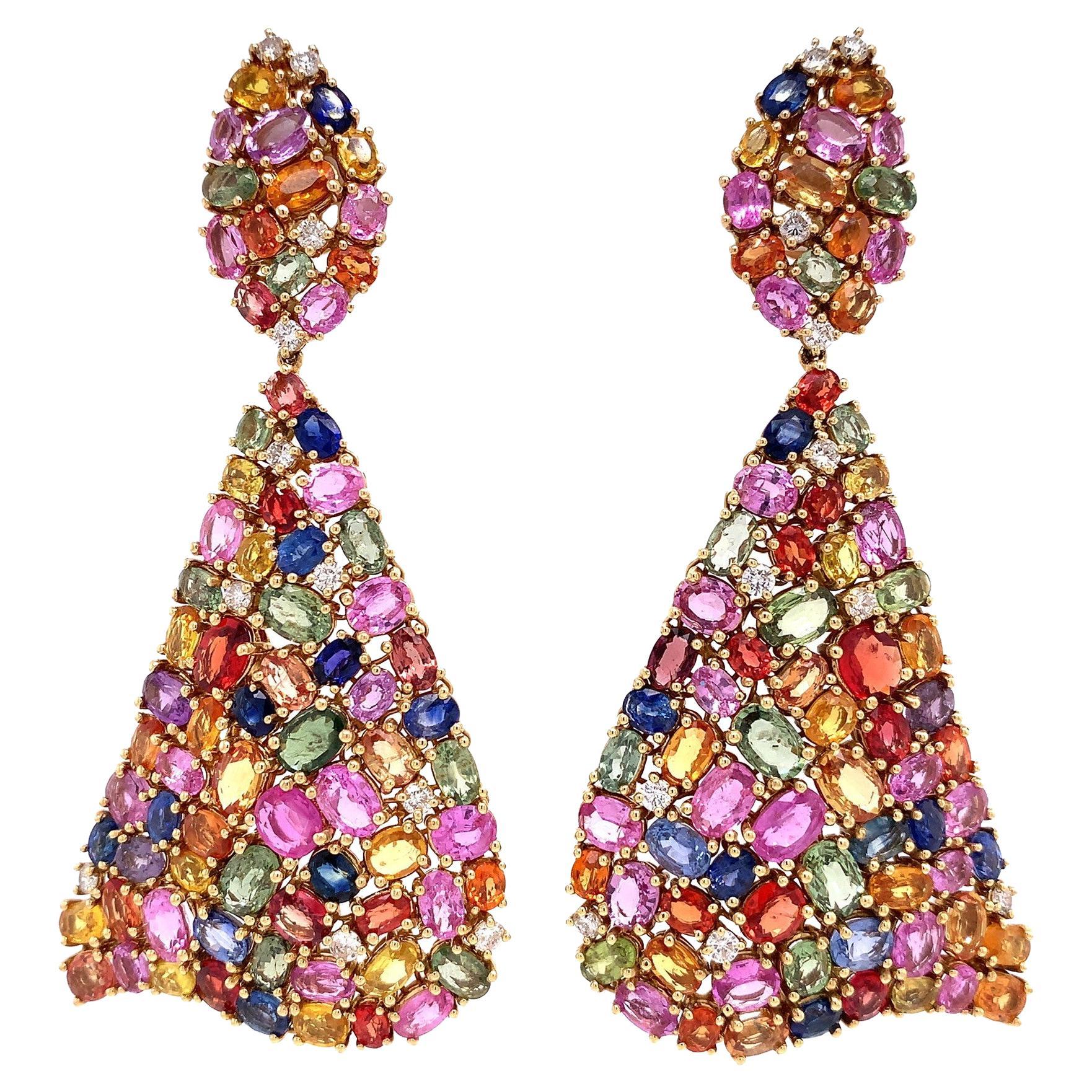 RUCHI Multi-Colored Sapphire and Diamond Yellow Gold Dangle Earrings For Sale