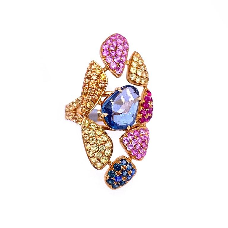 Contemporary RUCHI Rosecut & Pavé Multi-Colored Sapphire Yellow Gold Cocktail Ring For Sale