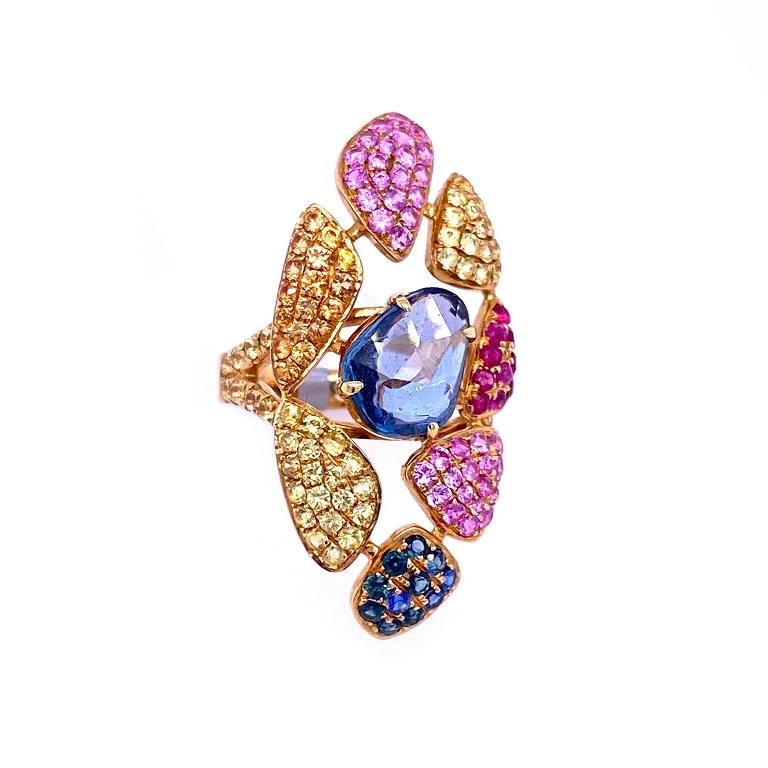 RUCHI Rosecut & Pavé Mehrfarbiger Saphir Gelbgold Cocktail Ring (Zeitgenössisch) im Angebot