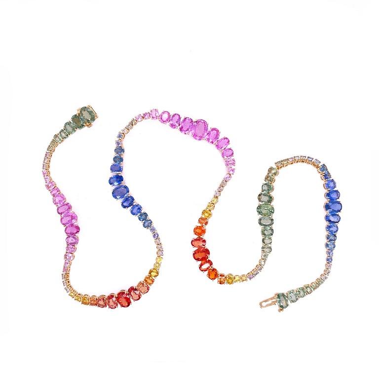 Play of Colors Collection

Enchanting multi-colored Sapphire and white Diamond rainbow necklace set in 18K yellow gold. 

Multicolor Sapphire: 32.82ct total weight.
Diamonds: 0.84ct total weight.
All diamonds are G-H/SI stones.