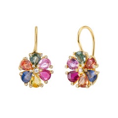 RUCHI Multi-Colored Sapphire, Ruby & Diamonds Flower Shaped Leverback Earrings