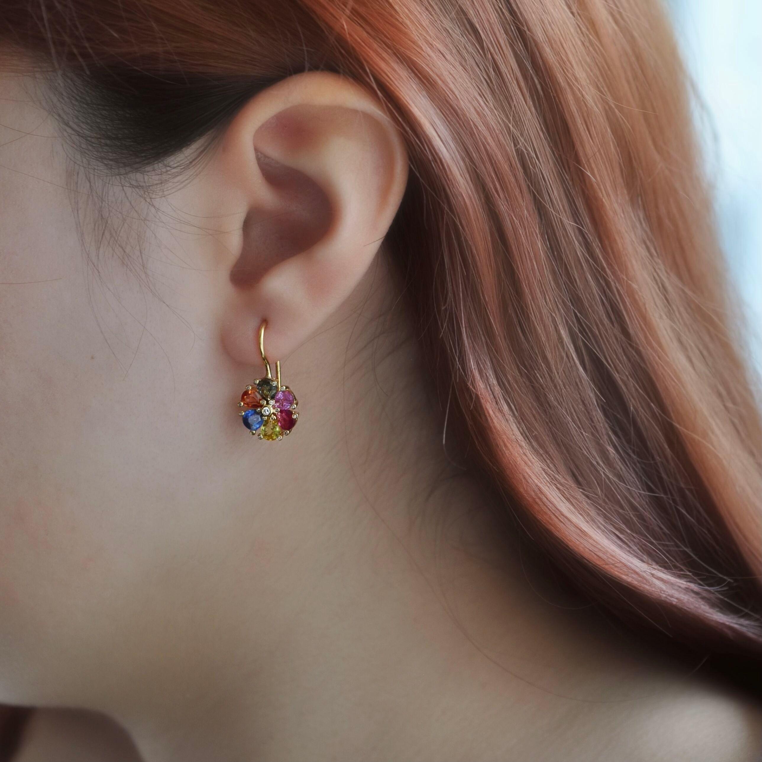Contemporary RUCHI Multi-Colored Sapphire, Ruby & Diamonds Flower Shaped Leverback Earrings For Sale