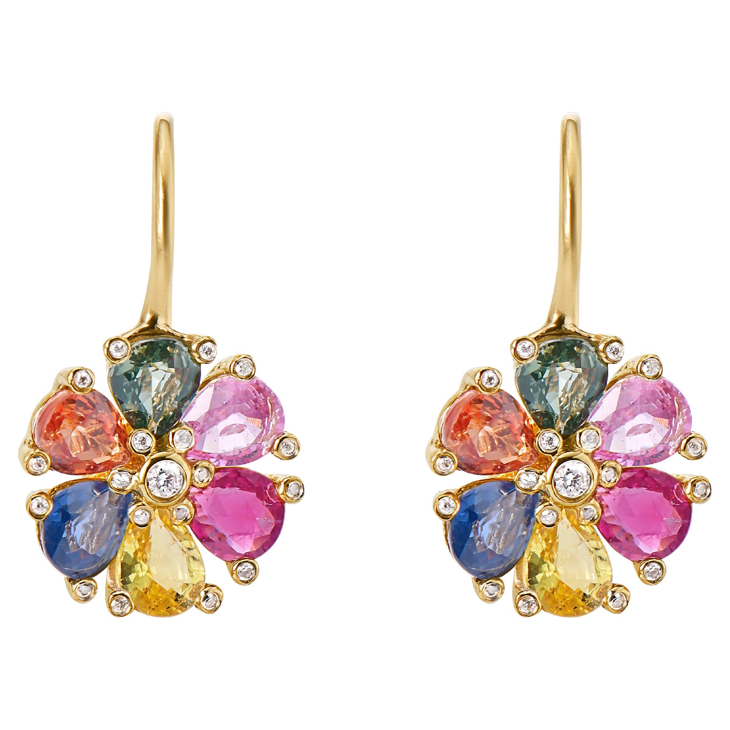 RUCHI Multi-Colored Sapphire, Ruby & Diamonds Flower Shaped Leverback Earrings For Sale
