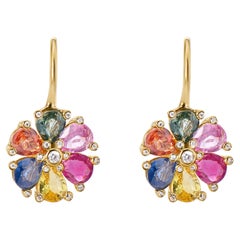 RUCHI Multi-Colored Sapphire, Ruby & Diamonds Flower Shaped Leverback Earrings