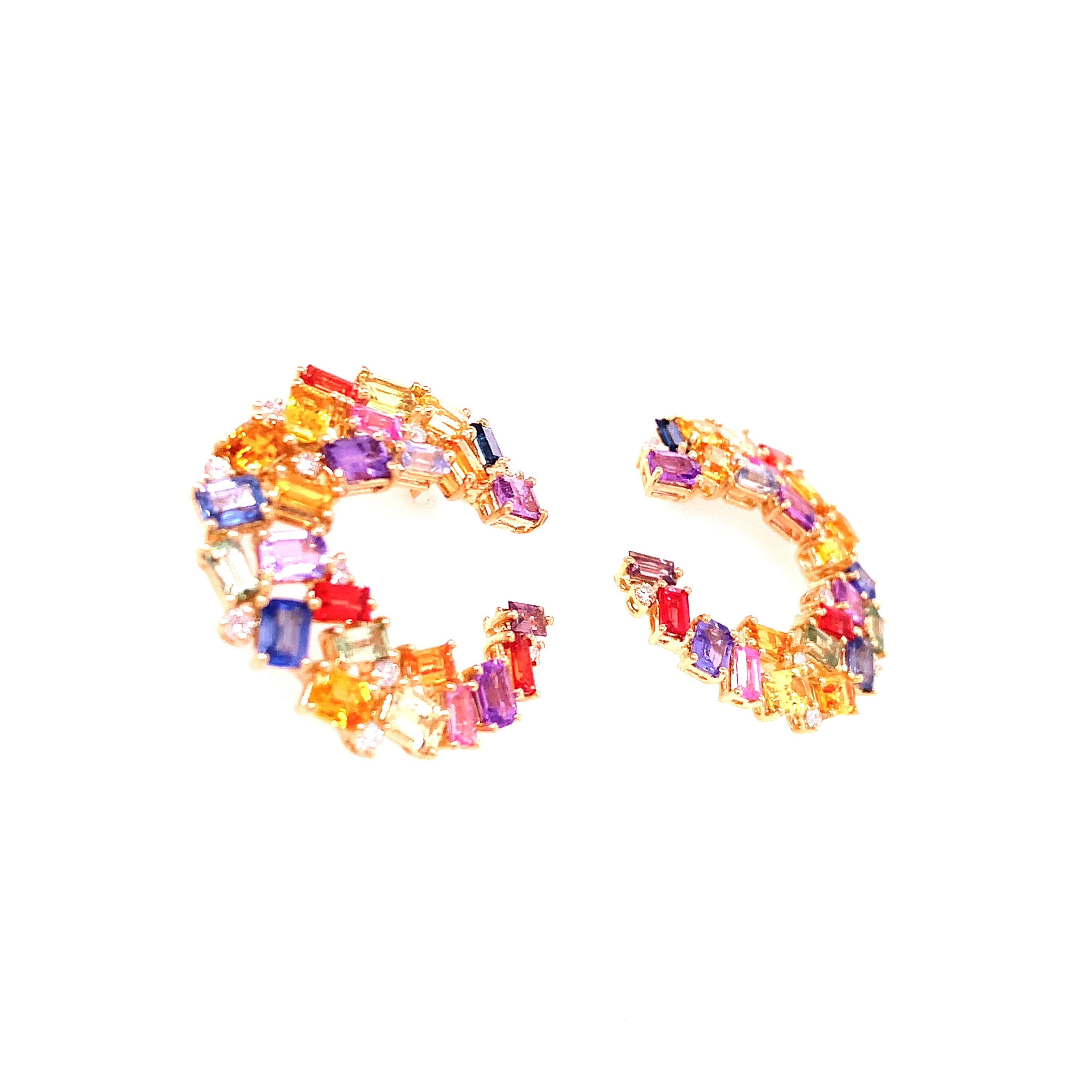 Contemporary RUCHI Multi-Colored Sapphire and Diamond Yellow Gold C-Shape Earrings For Sale
