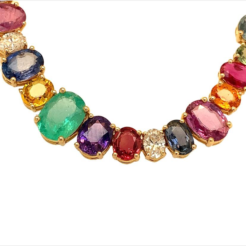 Mixed Cut RUCHI Oval Multi-Colored Sapphire & Diamond Yellow Gold Necklace For Sale