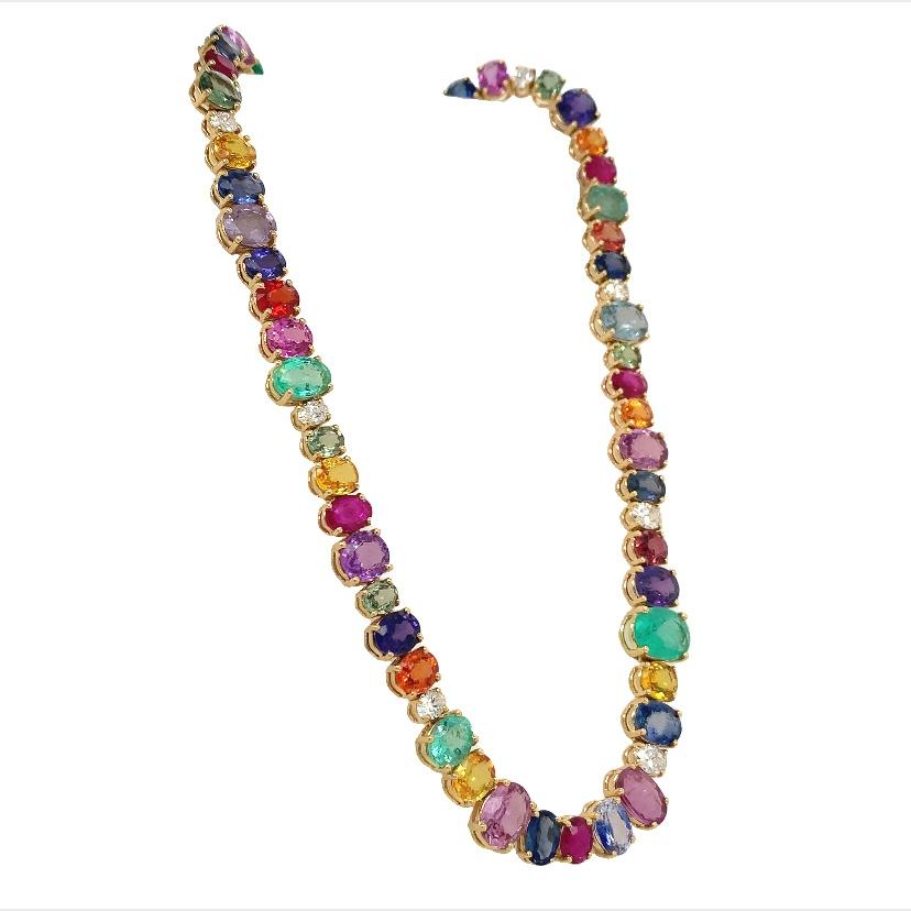 RUCHI Oval Multi-Colored Sapphire & Diamond Yellow Gold Necklace In New Condition For Sale In New York, NY