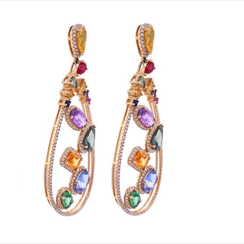 Contemporary RUCHI Multi-Colored Sapphire and Diamonds Yellow Gold Drop Earrings For Sale
