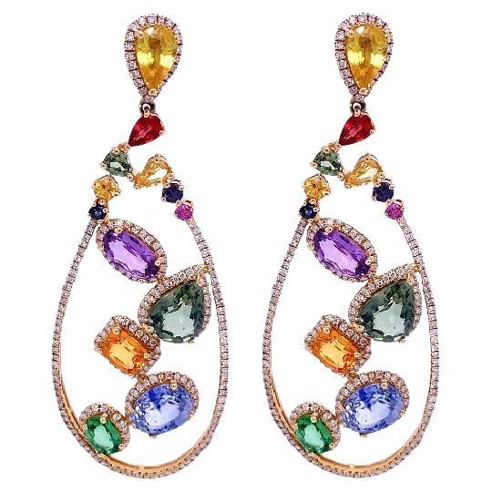 RUCHI Multi-Colored Sapphire and Diamonds Yellow Gold Drop Earrings For Sale