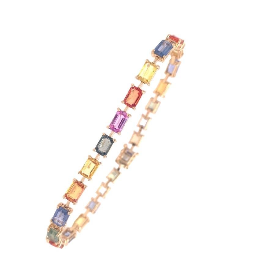Contemporary RUCHI Emerald-Cut Multi-Colored Sapphire Yellow Gold Link Bracelet For Sale