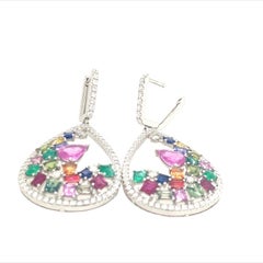 RUCHI Multi-Colored Sapphire, Emerald and Diamond White Gold Teardrop Earrings