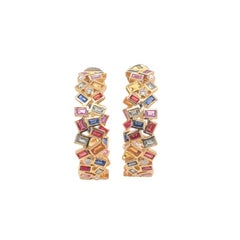 RUCHI Baguette Multi-Colored Sapphire with Diamond Yellow Gold Hoop Earrings
