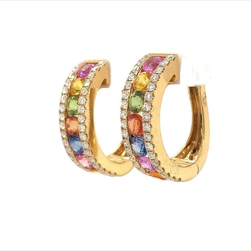 Contemporary RUCHI Multi-Colored Sapphire and Diamond Yellow Gold Huggie Hoops For Sale