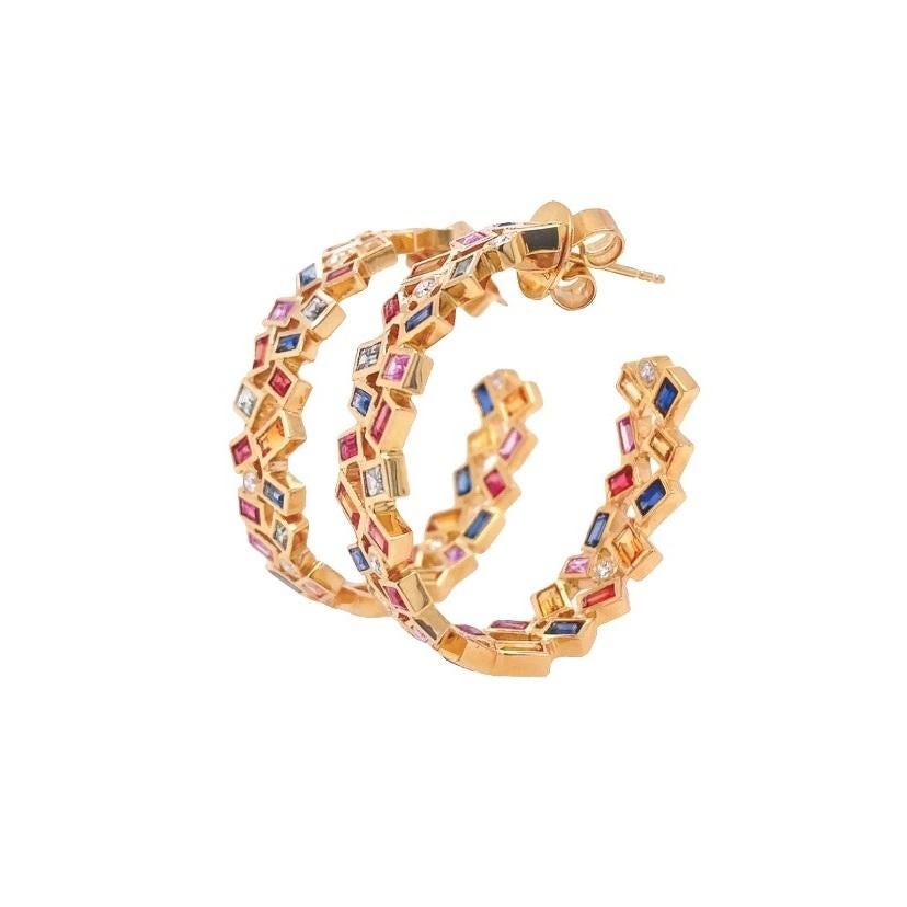Contemporary RUCHI Baguette Multi-Colored Sapphire with Diamond Yellow Gold Hoop Earrings For Sale