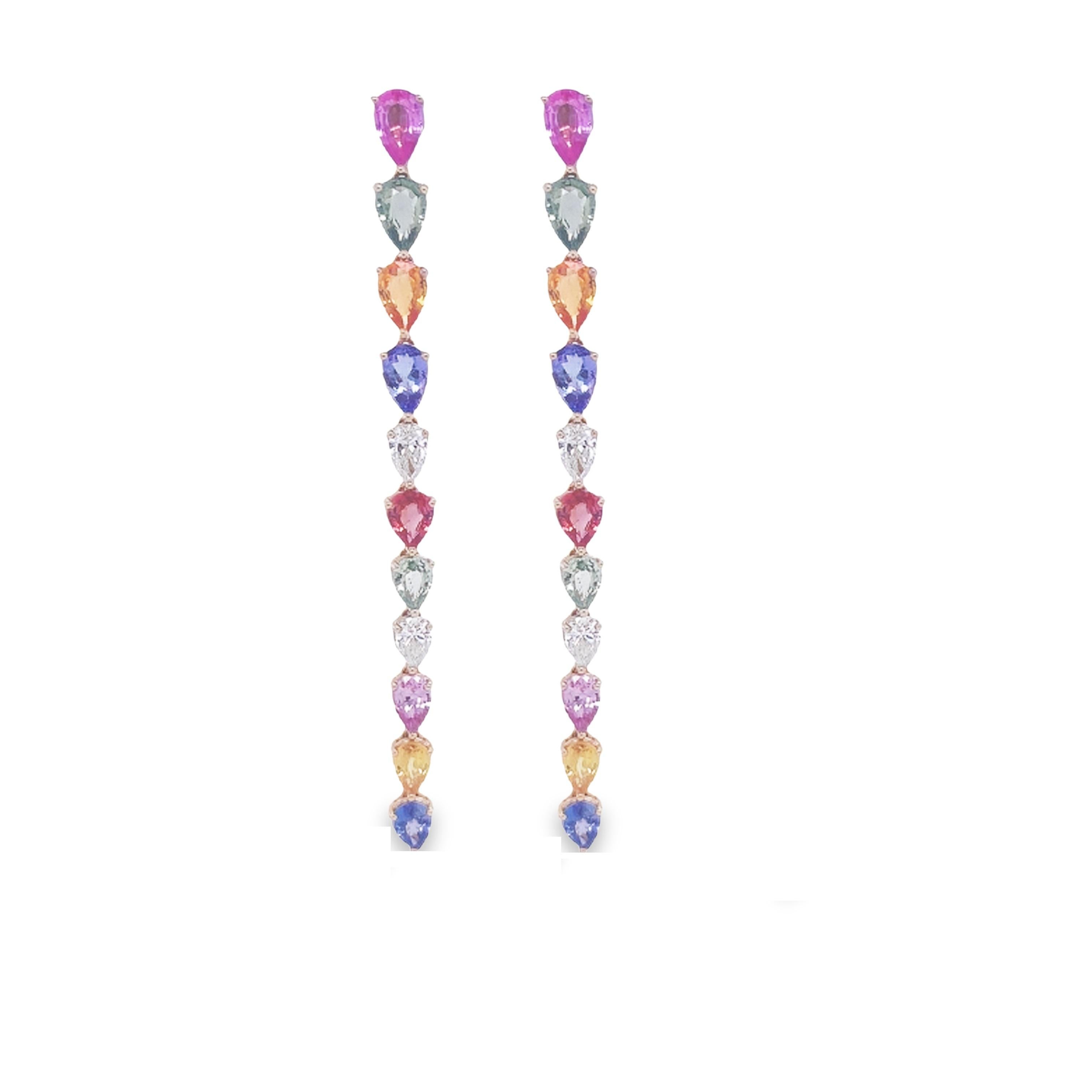 Contemporary RUCHI Pear-Shaped Multi-Colored Sapphire and Diamond White Gold Linear Earrings For Sale