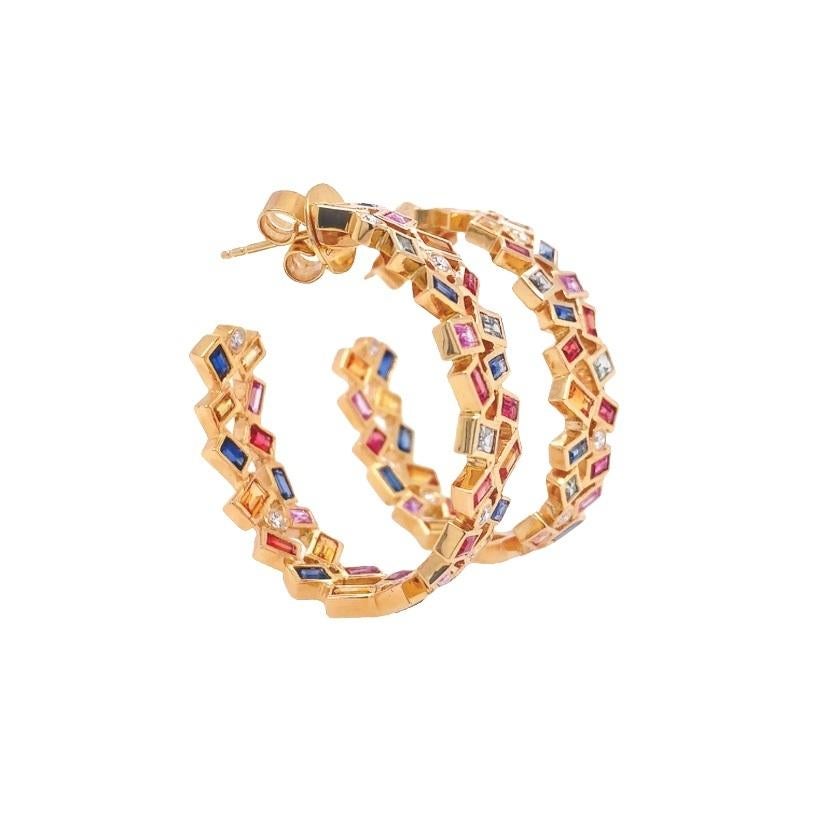 Mixed Cut RUCHI Baguette Multi-Colored Sapphire with Diamond Yellow Gold Hoop Earrings For Sale