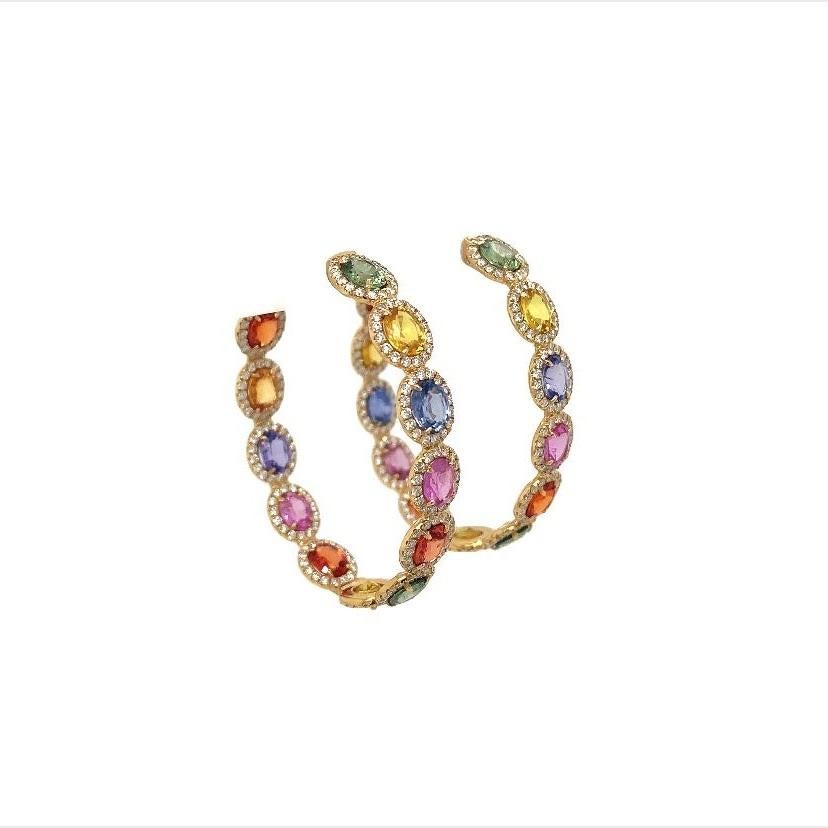 Contemporary RUCHI Multi-Colored Sapphire and Pavé Diamond Yellow Gold Hoop Earrings For Sale