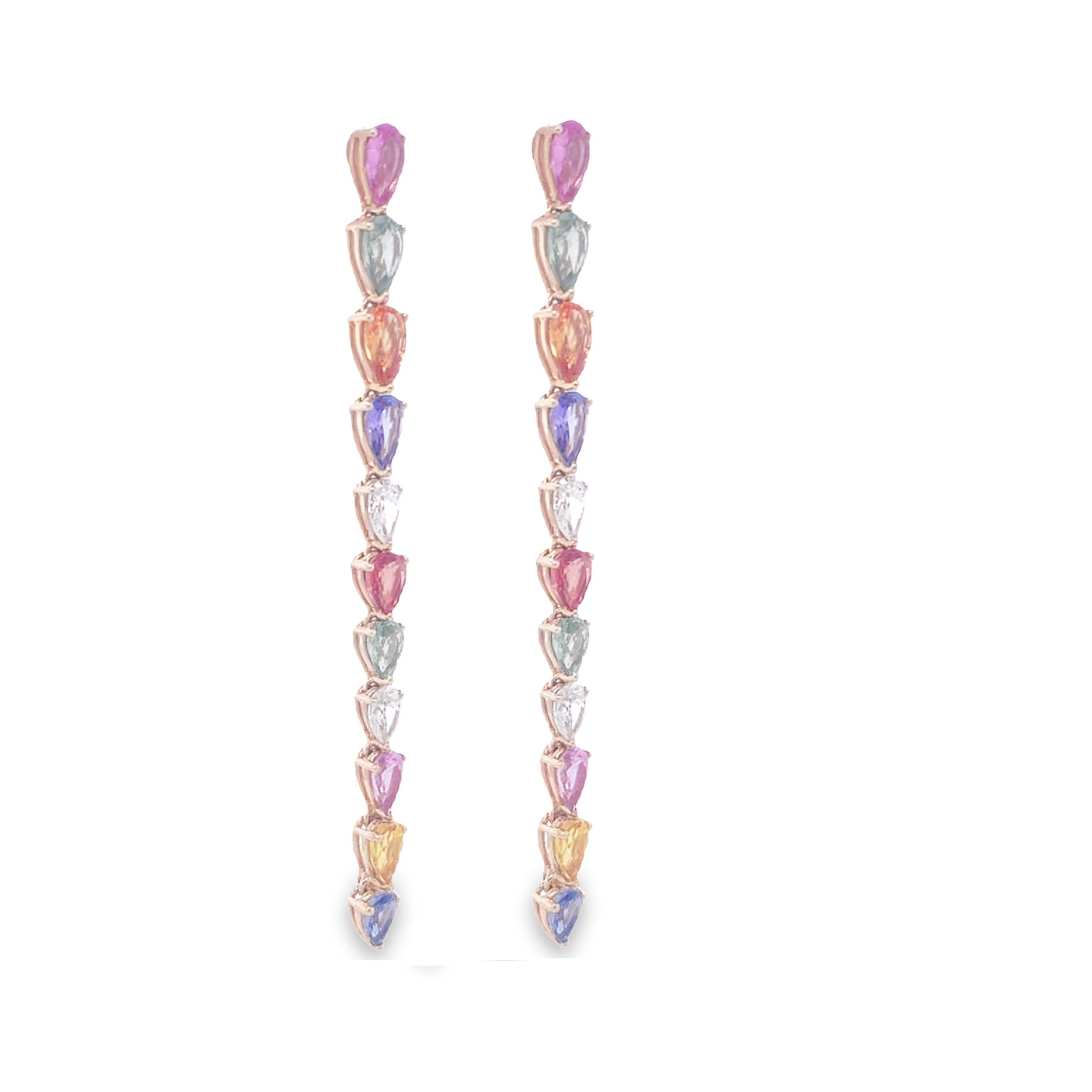 RUCHI Pear-Shaped Multi-Colored Sapphire and Diamond White Gold Linear Earrings In New Condition For Sale In New York, NY