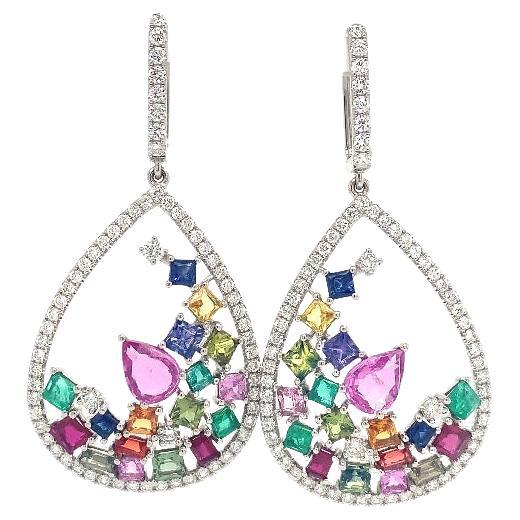RUCHI Multi-Colored Sapphire, Emerald and Diamond White Gold Teardrop Earrings For Sale