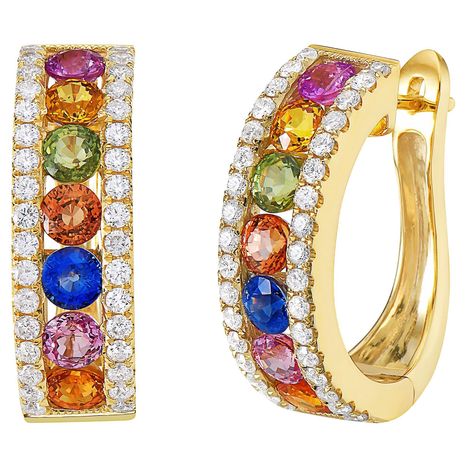 RUCHI Multi-Colored Sapphire and Diamond Yellow Gold Huggie Hoops For Sale