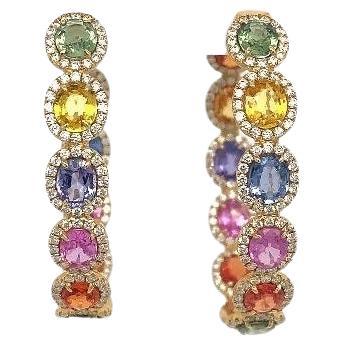 RUCHI Multi-Colored Sapphire and Pavé Diamond Yellow Gold Hoop Earrings For Sale