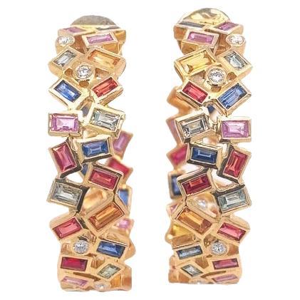 RUCHI Baguette Multi-Colored Sapphire with Diamond Yellow Gold Hoop Earrings