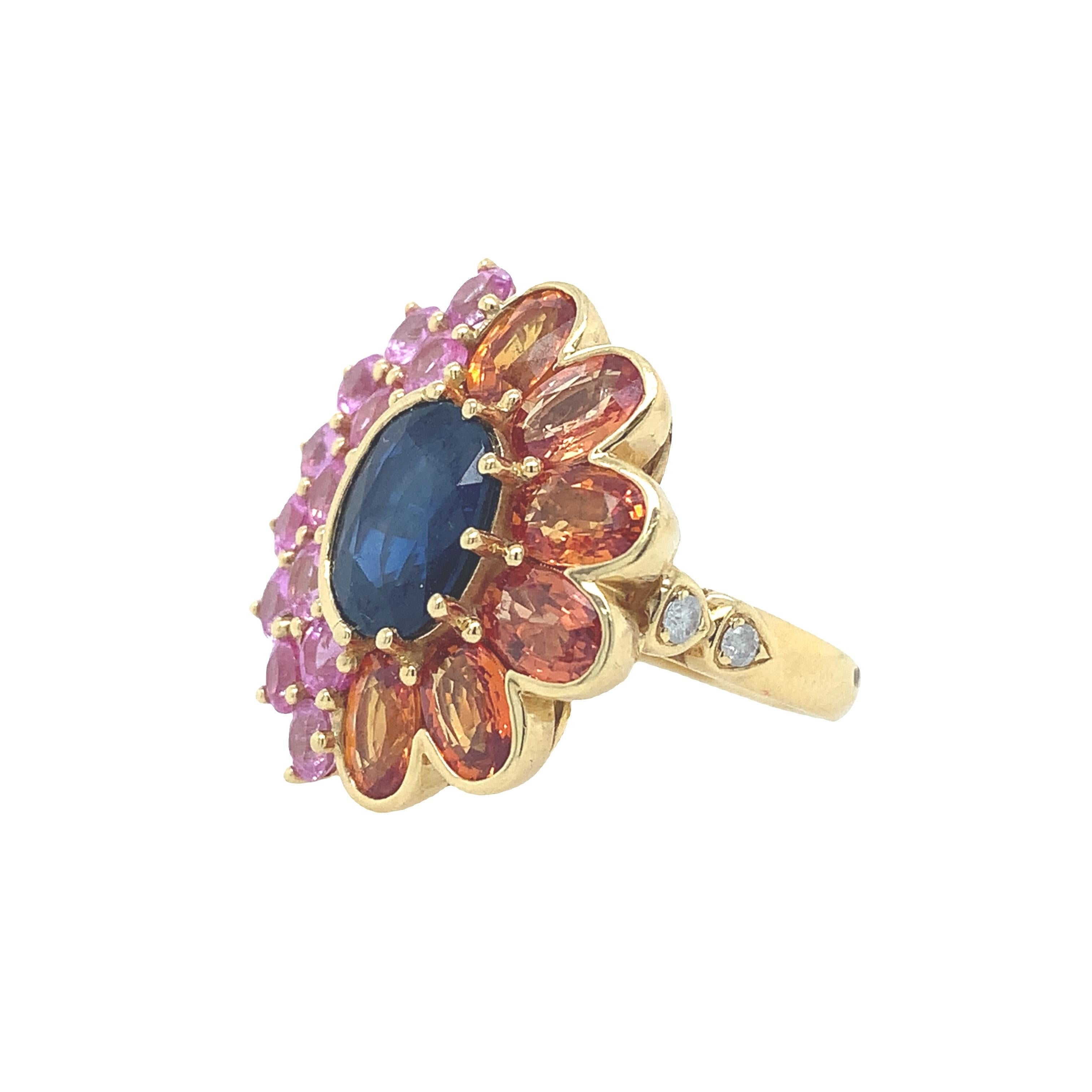 Contemporary RUCHI Multi-Colored Sapphires & Diamond Yellow Gold Flower Ring For Sale