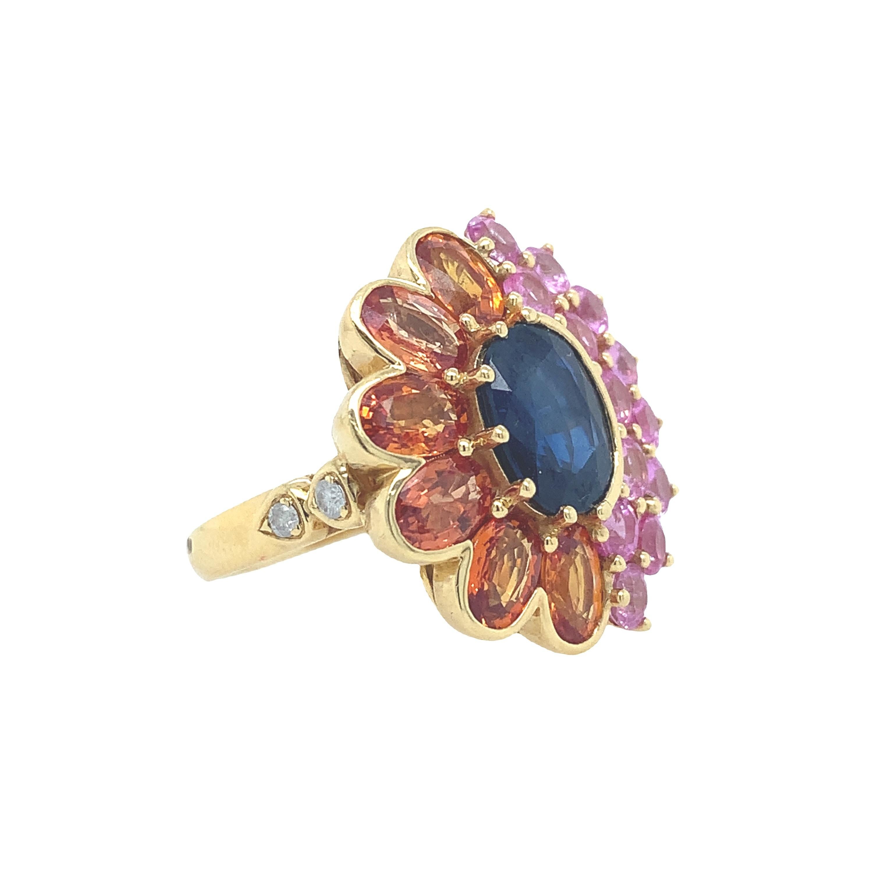 Mixed Cut RUCHI Multi-Colored Sapphires & Diamond Yellow Gold Flower Ring For Sale
