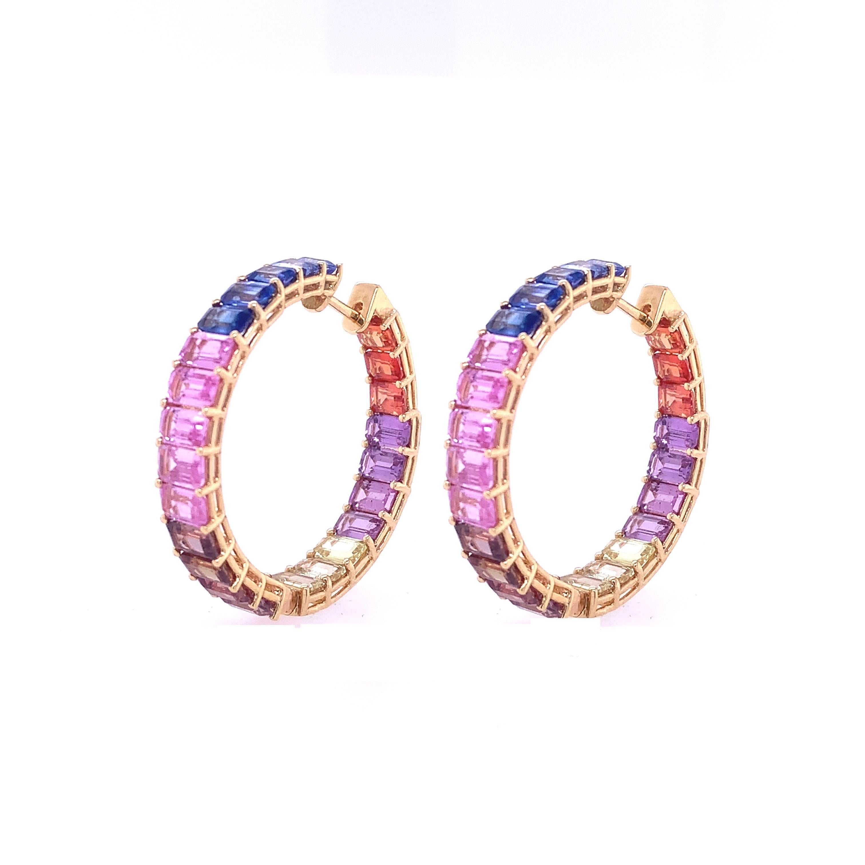 Octagon Cut RUCHI Multi-Colored Sapphire Yellow Gold Hoop Earrings For Sale