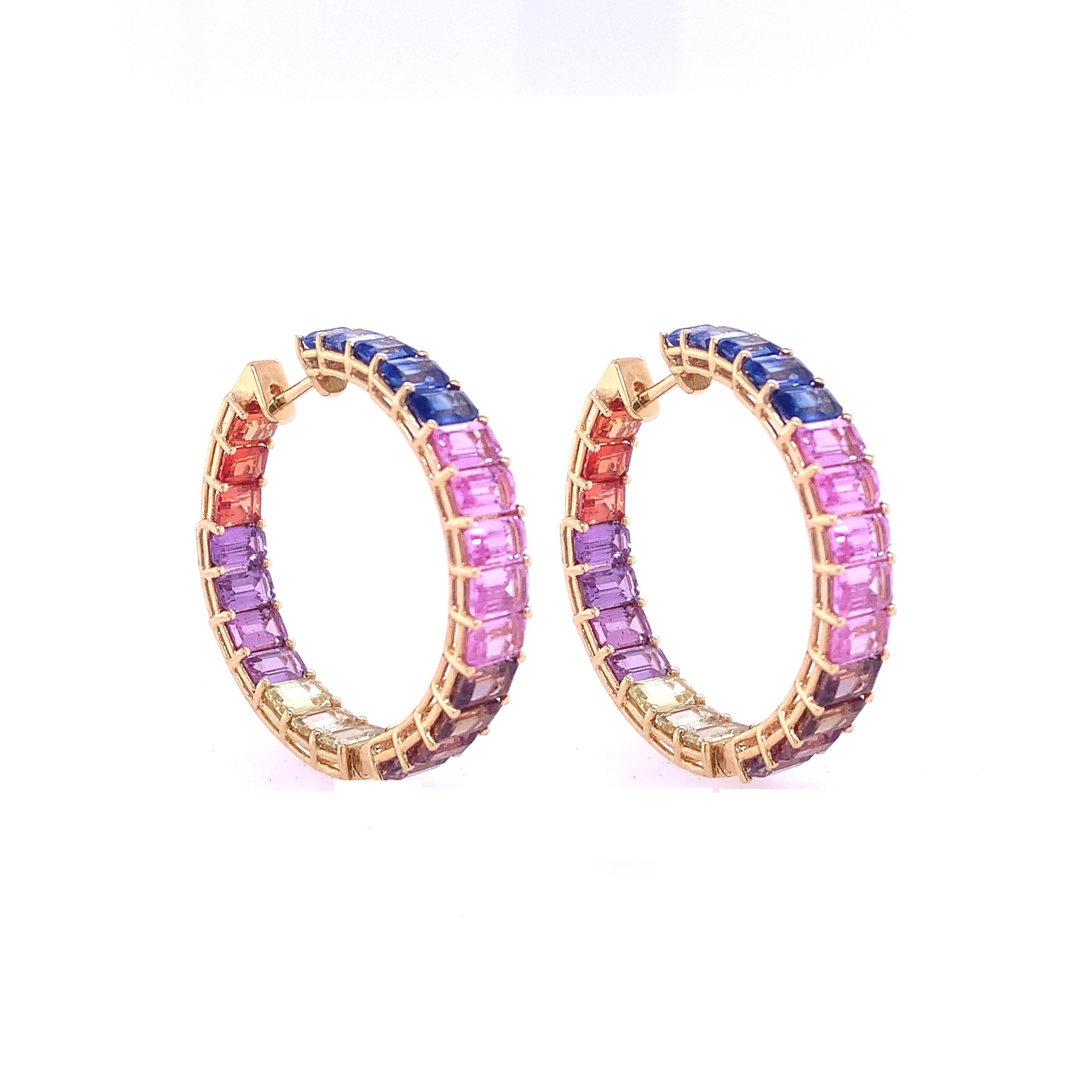 RUCHI Multi-Colored Sapphire Yellow Gold Hoop Earrings In New Condition For Sale In New York, NY