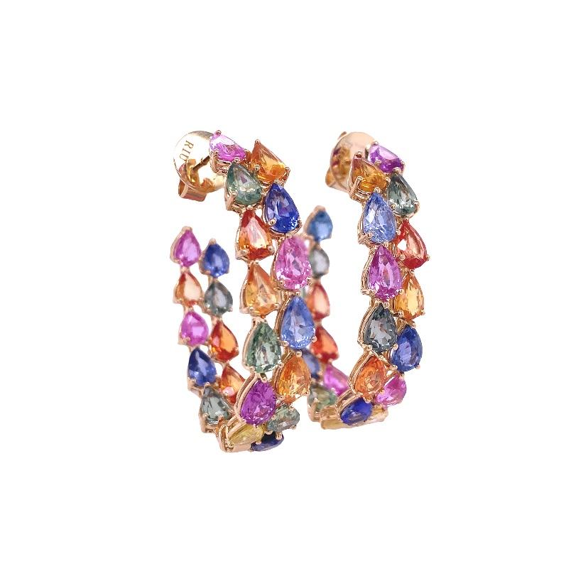 Contemporary RUCHI 2-Row Pear Shaped Multi-Colored Sapphire Yellow Gold Hoop Earrings For Sale