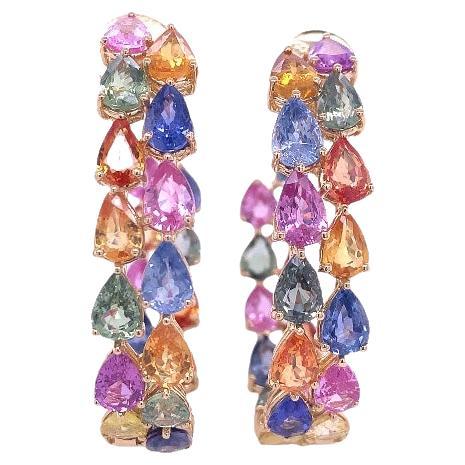 RUCHI 2-Row Pear Shaped Multi-Colored Sapphire Yellow Gold Hoop Earrings For Sale