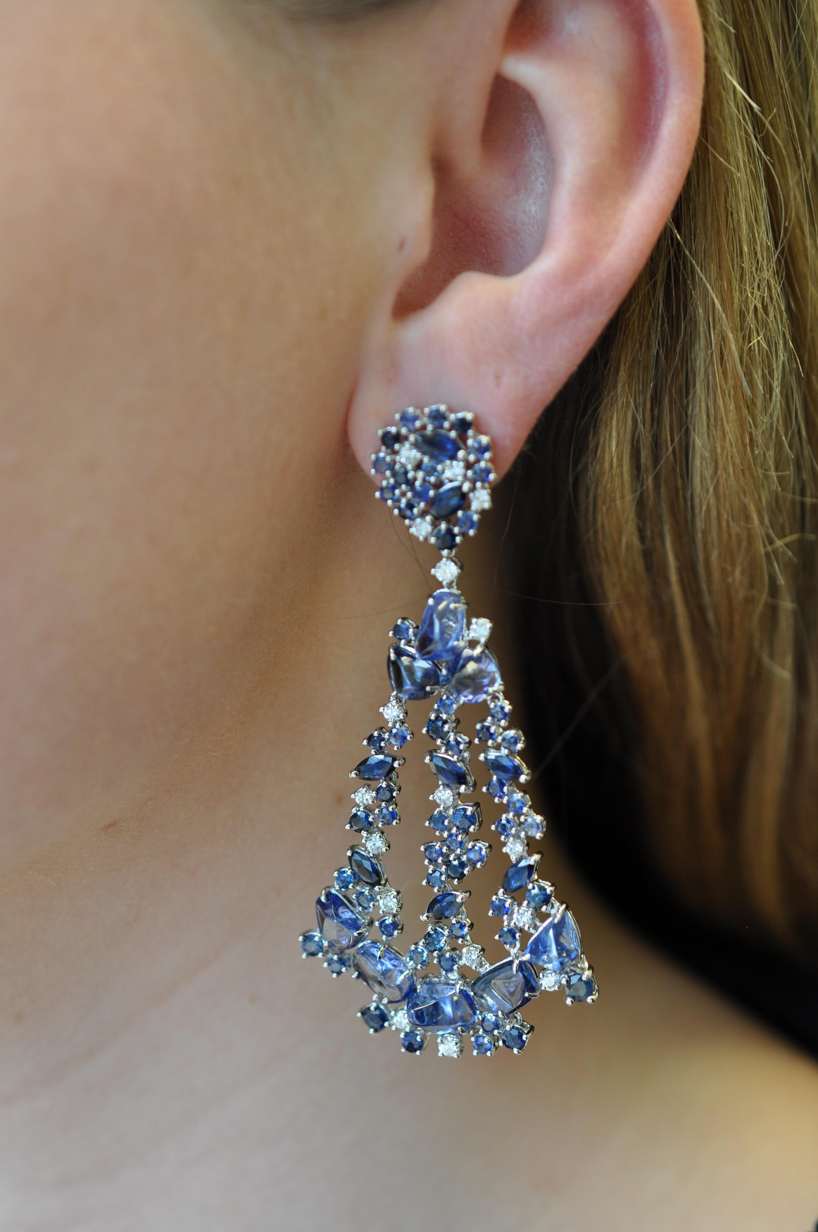Mixed Cut Ruchi New York Multi Shape Blue Sapphire Chandelier Earrings For Sale