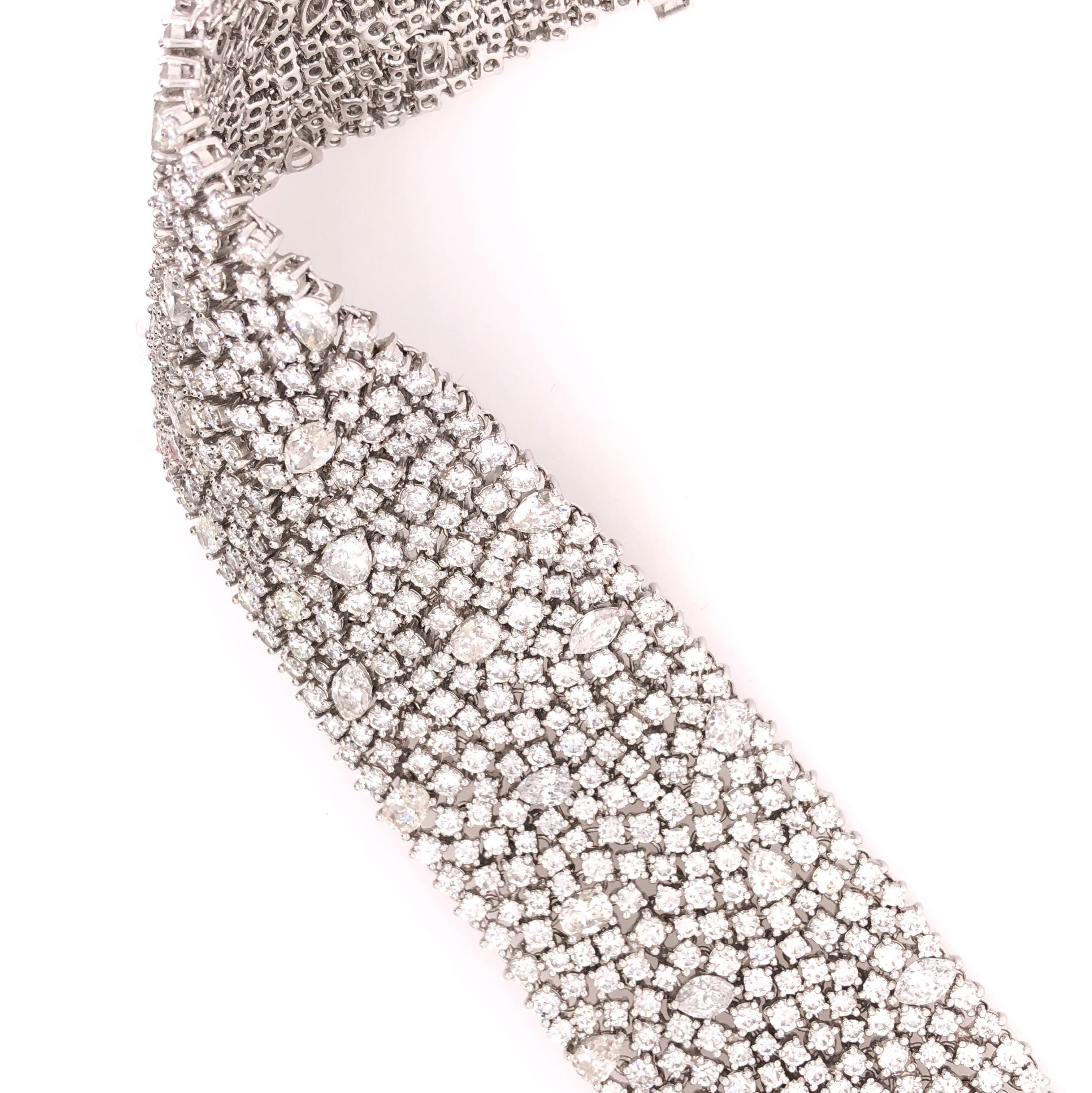 Contemporary RUCHI 43.61 Carat Mixed Shaped Diamond White Gold Mesh Style Wide Bracelet For Sale