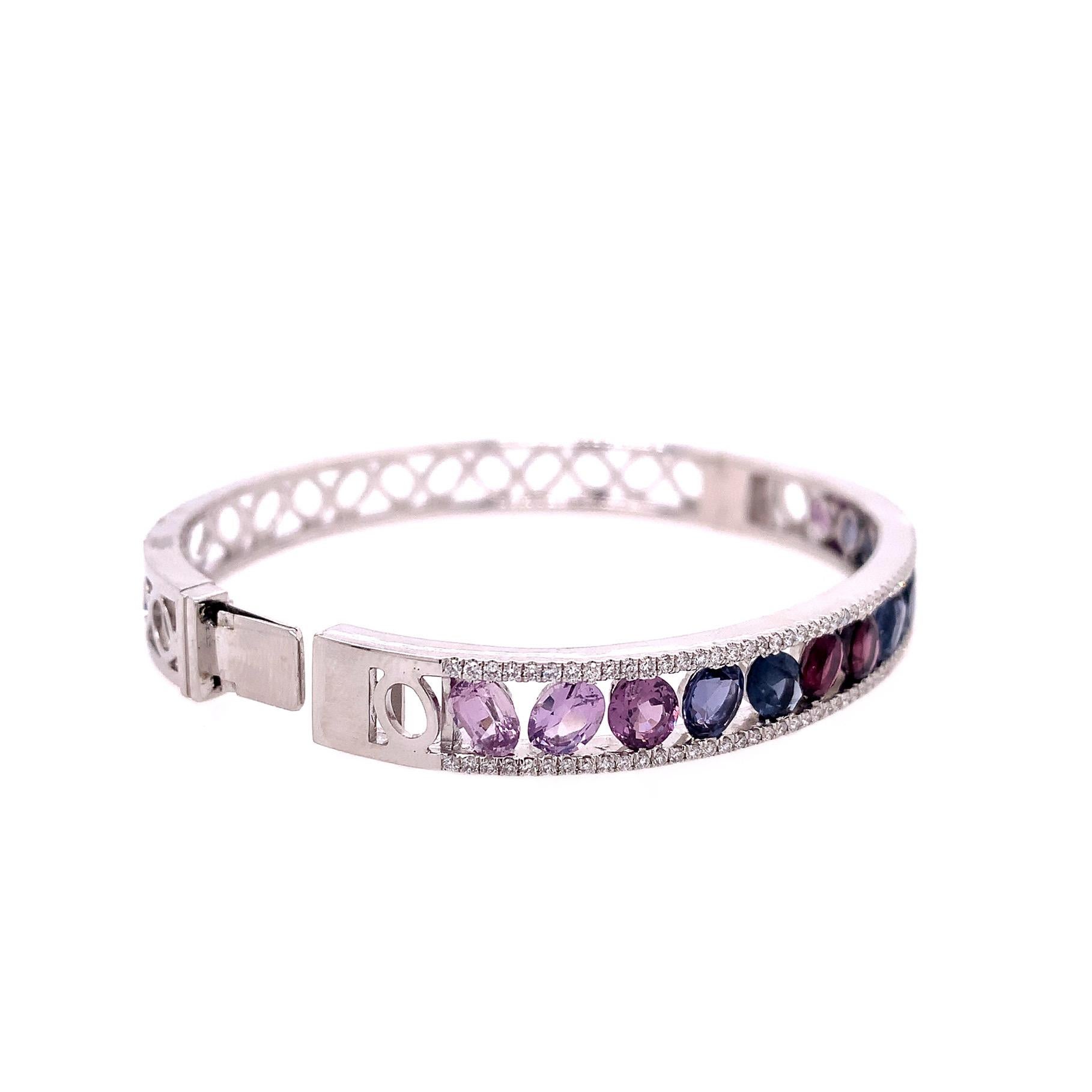 Contemporary RUCHI Multi-Colored Sapphire and Diamond Zig-Zag White Gold Bangle For Sale