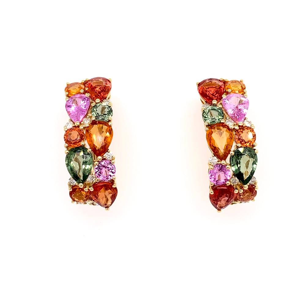 Play of Colors Collection

Multicolor orange, green and pink Sapphire dangle earrings set in 18K yellow gold.

Multicolor Sapphire: 11.26ct total weight.
Diamonds: 0.33ct total weight.
All diamonds are G-H/SI stones.
