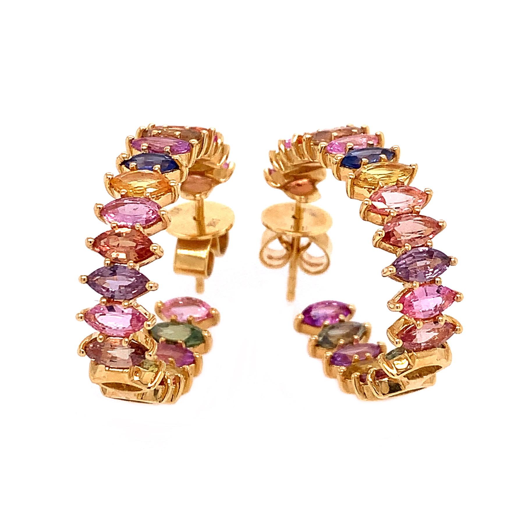 Contemporary RUCHI Marquise Multi-Colored Sapphire Yellow Gold Hoop Earrings For Sale