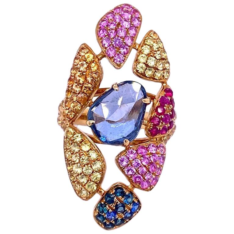 RUCHI Rosecut & Pavé Multi-Colored Sapphire Yellow Gold Cocktail Ring For Sale