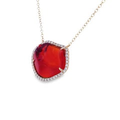 RUCHI Fire Opal with Diamond Halo Yellow Gold Pendant Necklace