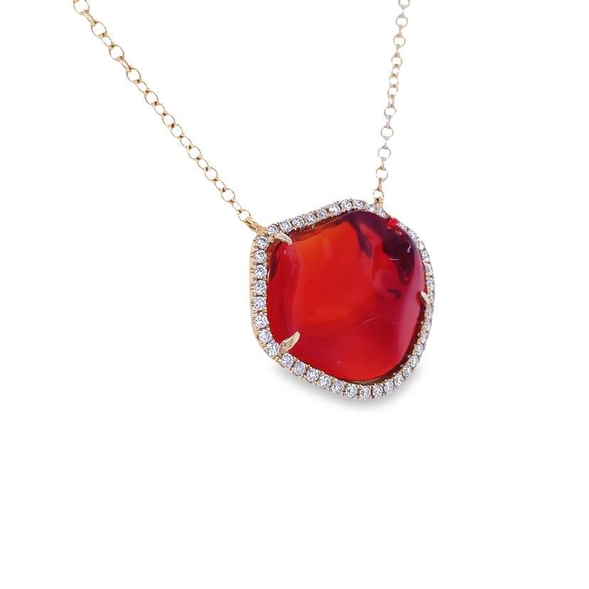 Contemporary RUCHI Fire Opal with Diamond Halo Yellow Gold Pendant Necklace For Sale