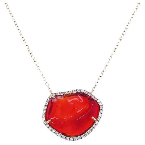 RUCHI Fire Opal with Diamond Halo Yellow Gold Pendant Necklace For Sale