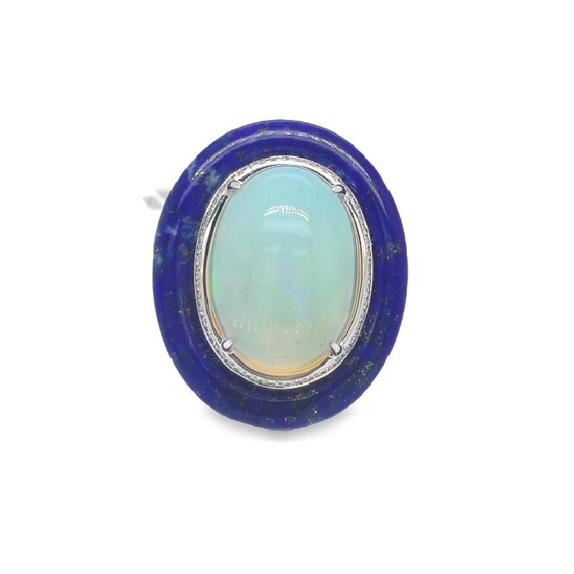 18K White Gold
Opal: 11.13 Cts
Lapis: 26.21 Cts
Diamonds: 0.20 Cts
All Diamonds are G-H/SI