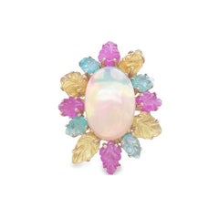 RUCHI Opal and Carved Multi-Colored Sapphire Leaf Yellow Gold Cocktail Ring